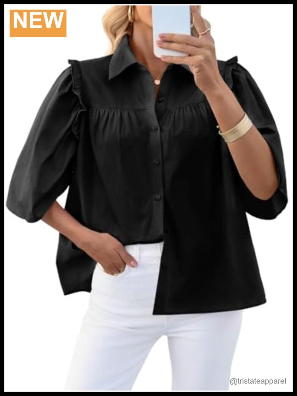 Women's Cotton Button Down Shirt Ruffle Puff Sleeve Blouse